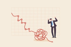 Stock volatility analyzing, Business, World economy, Stock market, Recession, Forecasting. Businessman watching stock market crash chart.
